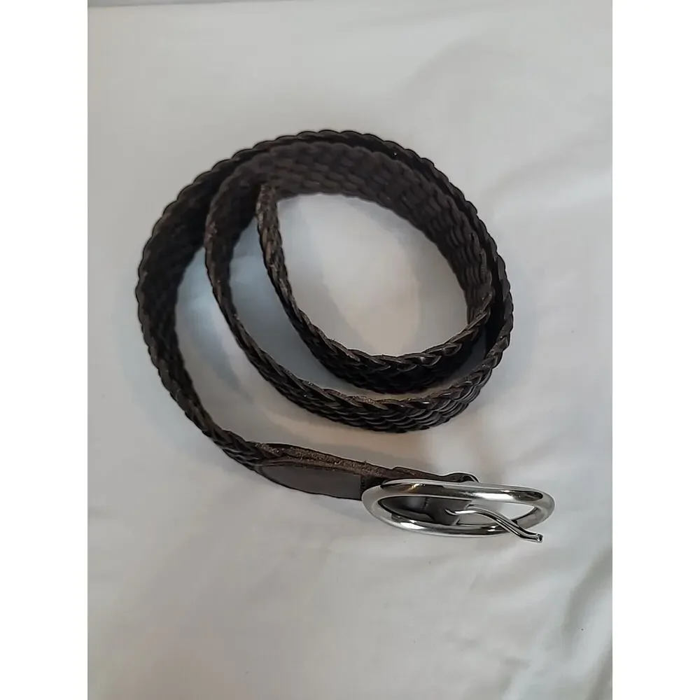 Talbots Leather Braided Belt Oval Silver Tone Buckle #6113 Size Small Brown